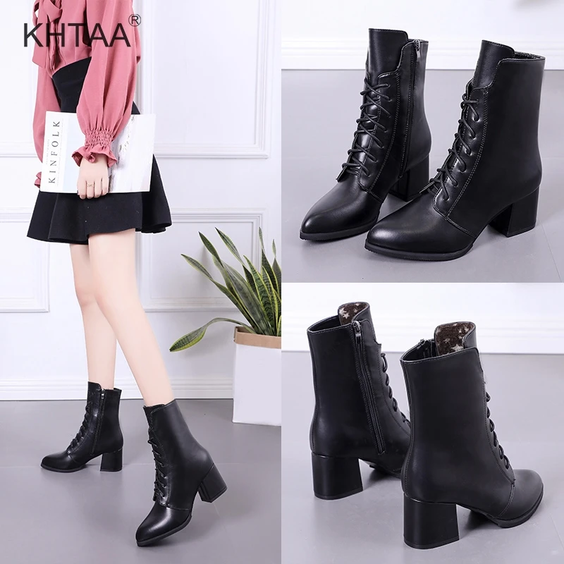 

High Heels Women Autumn Mid Calf Boots Platform Pointed Toe Lace Up Rubber Short Winter Boots For Ladies 2018 New Female Shoes