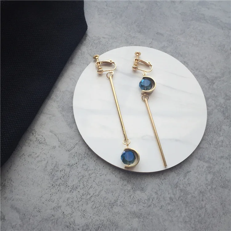 

Asymmetrical long blue crystal clip earrings for women earing, gold color clip on earrings no pierced ear clip shell jewelry