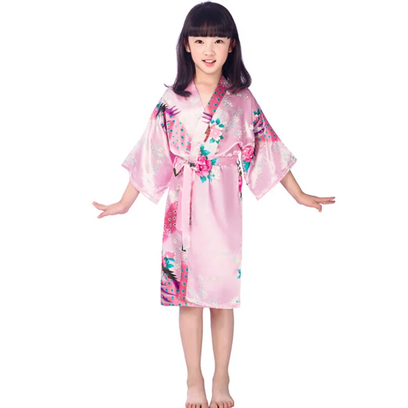 2 14Y Girls kimono robes bridesmaid peacock robe+belt summer flower