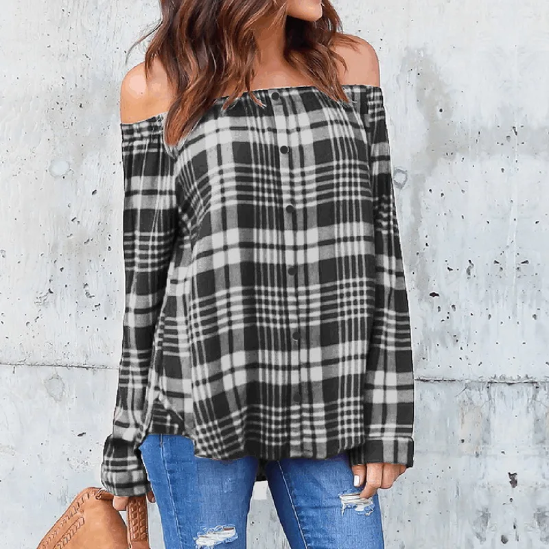 Laamei 2018 Autumn Women Plaid Plaid Off Shoulder Blouse Casual Long Sleeve Loose Button Tops Ladies Striped Party Shirts Z50 Blouses