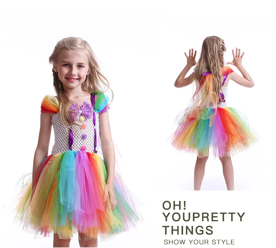 Girls Clown Rainbow Inspired Handmade Tutu Dress Colored Pom Poms Kids Party Dress for Birthday Outfit or Halloween Costume (8)