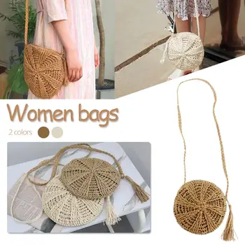 

Hand-woven Storage Bag Round Shoulder Bag Mobile Phone Purse Leisure Home Travel Organizer Straw Diagonal Shopping Gift