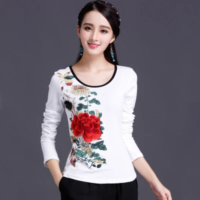 Классическая Весенняя Осенняя женская футболка с длинным рукавом и вышивкой в китайском стиле, женские трендовые топы размера плюс - Цвет: white
