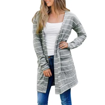 

winter autumn Women blouse Long Sleeve Striped Open Front Jumper With Pocket Tops Camisas Mujer drop ship