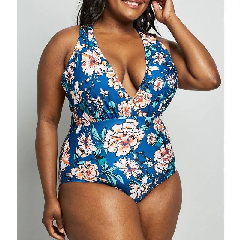 

Plus Size Swimwear Women Floral Printed Deep V Large Size 1 One Piece Swimsuit Plus Size Bodysuit Large Size 3XL Retro Monokini