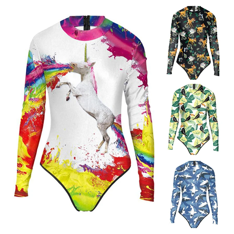 

2019 New Summer Sexy Girl Long Sleeve Deer Shark Bird Swimwear Bodysuit 3D Prints One Piece Women Swimsuit Sport Bathing Suit