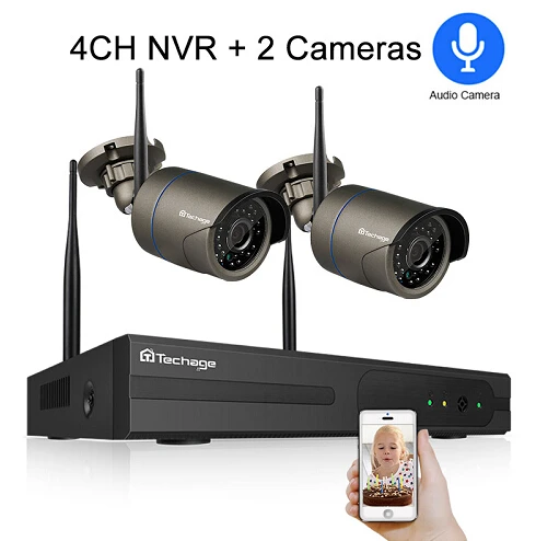 4CH NVR 2 Cameras Techage H.265 4CH 1080P Беспроводной NVR комплект Wi-Fi система безопасности 2MP аудио звук Открытый CCTV IP камера P2P комплект видеонаблюдения - Цвет: 4CH NVR 2 Cameras