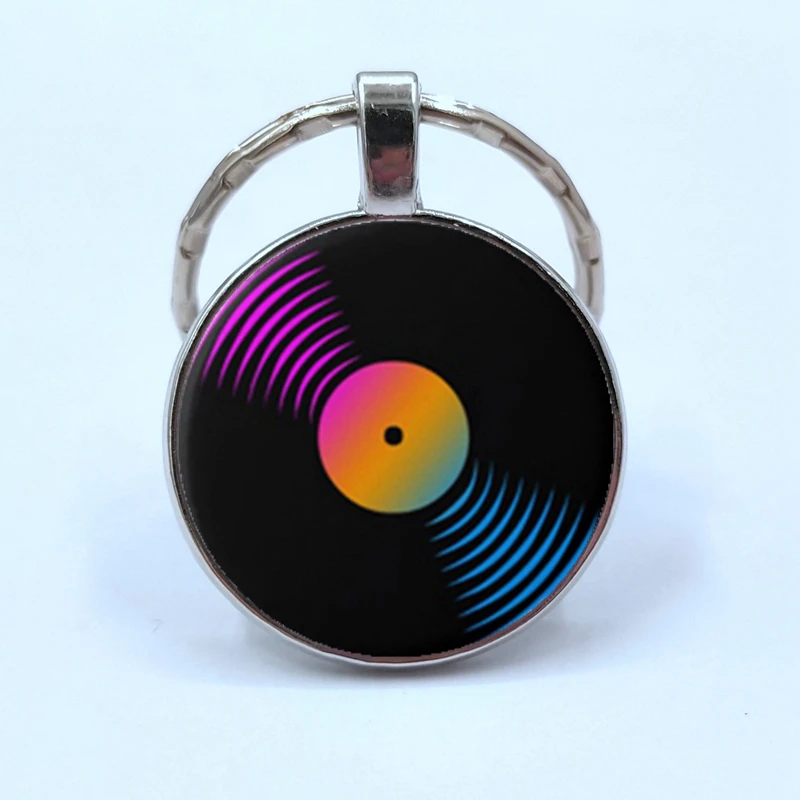 Простой классический стиль Виниловая пластинка ретро-граммофон купольный стеклянный брелок для ключей для любителей музыки подарок оптом и в розницу