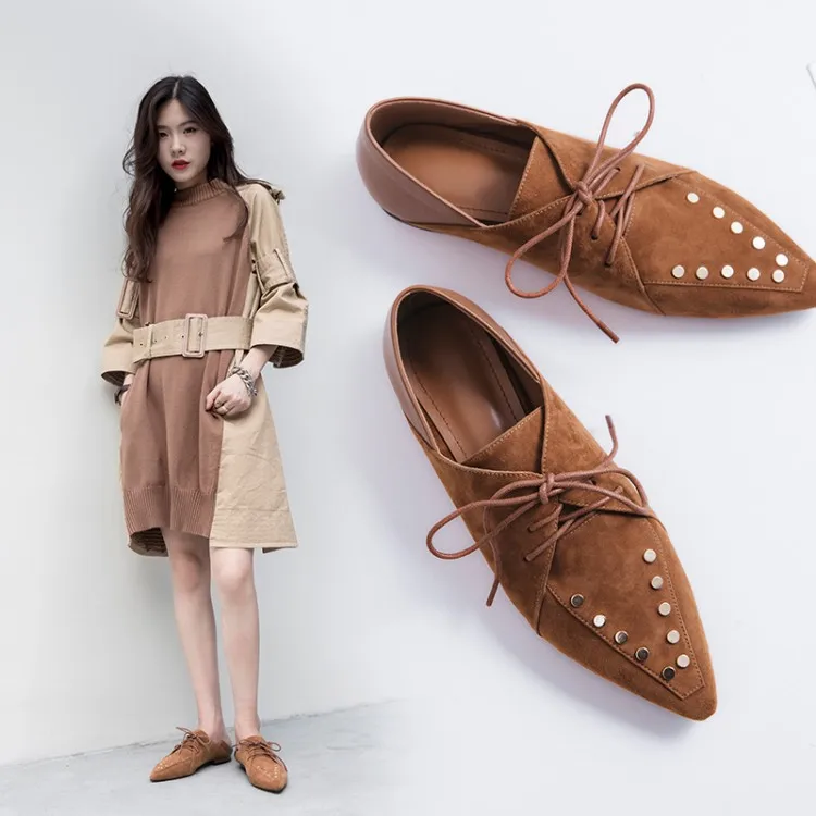 

Trendy Designer Pointed Flats Lace Up Studed Slip-on Loafers Suede Brown Comfort Mules Shoes Women