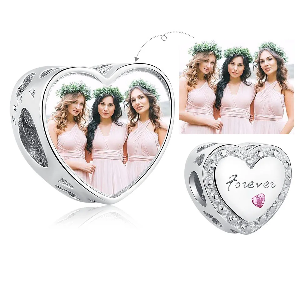 

Personalized Custom Photo 100% 925 Sterling Silver Bead Heart-Shaped Forever Charm Fit Brand Bracelet Women DIY Jewelry Making