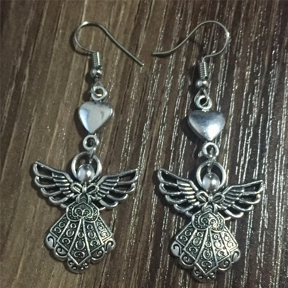 

Metal Alloy Zinc Silver 2pairs Earrings Holy Angel Drop Pendant love Heart Set Dangle Hook Earring One Gift Keychain Free