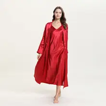 Красный набор женских халатов сексуальное платье с v-образным воротом, платье из атласа пижамы шелковая ночная рубашка длинное платье, Роба комплект из 2 предметов, летняя свободная элегантная женская одежда