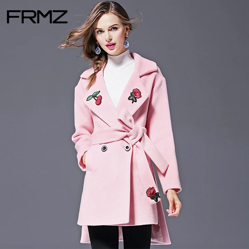 2017 Winter Women's Wool Coat Full Sleeve Long Floral Turn down Collar