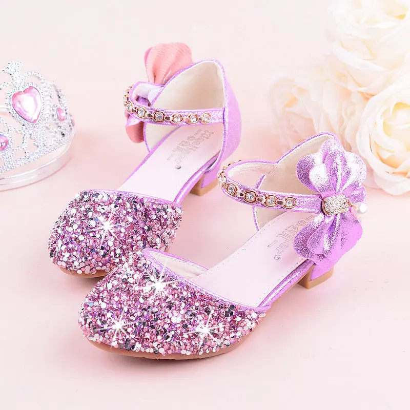purple Girls Bow-knot Princess Shoes with High-Heeled, Kids Glitter Dance Performance Summer Shoes, Purple, Pink& Silver 26-38 - Цвет: purple