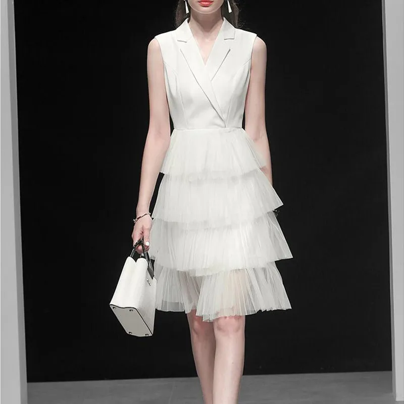 

Fake Two Piece Business Wear Solid Simple White Dress Graceful Notched Sleeveless Mesh Patchwork Layer Ruffles Tulle Dress Women