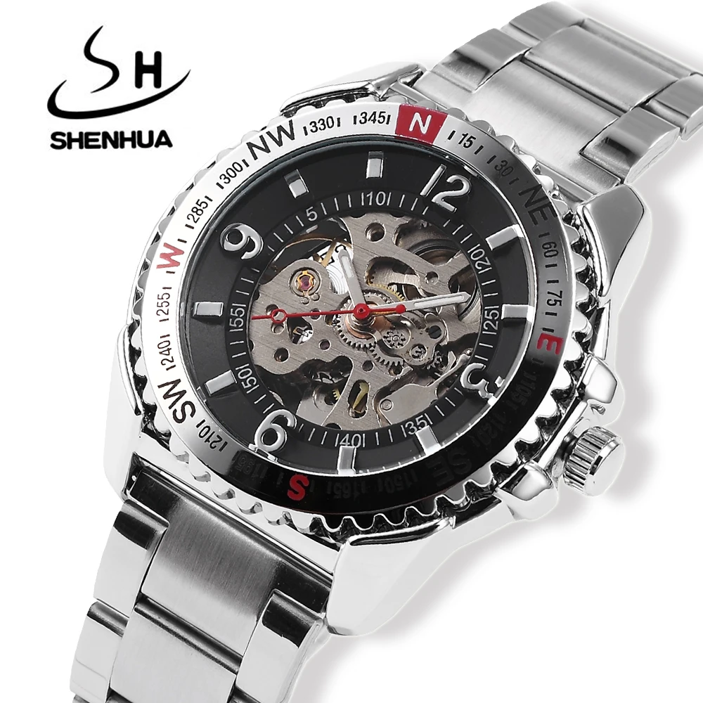 Goede Relogio Automatico Mens Skeleton Automatische Mechanische Horloge SHENHUA Self Winding Horloges Mannen Silver Metal Band Horloges
