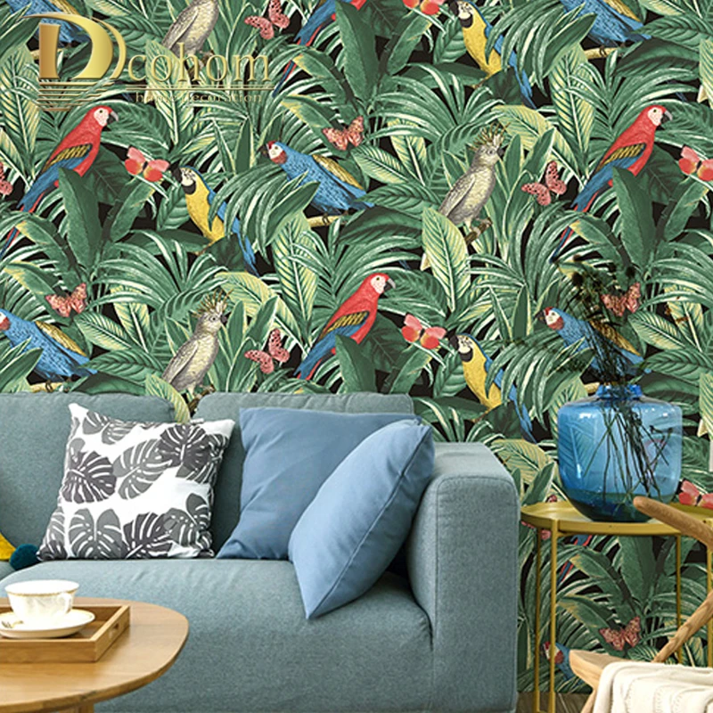 Green Banana Leaf Tropical Wallpaper Modern Art Floral and Birds PVC Waterproof Wall Paper Roll Wall Decor Living Room