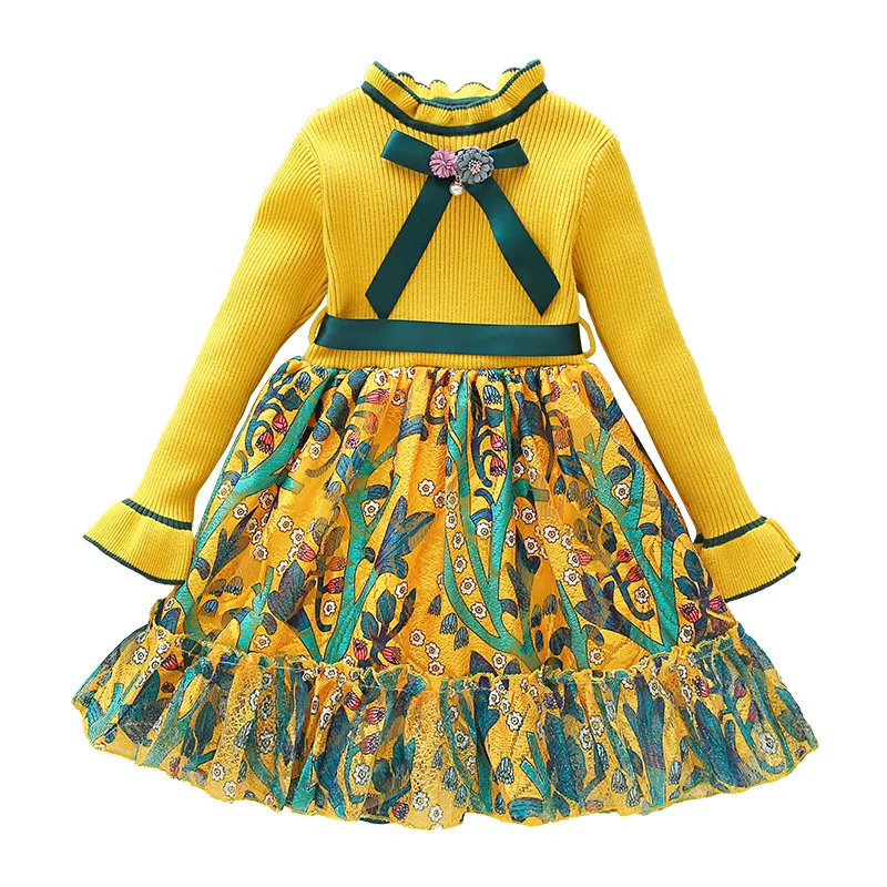 

Autumn Winter Dress for Girl Long Sleeve Knit Sweater Vestidos Toddler Dress Yellow Green Floral Kids Dresses for Girls Clothing