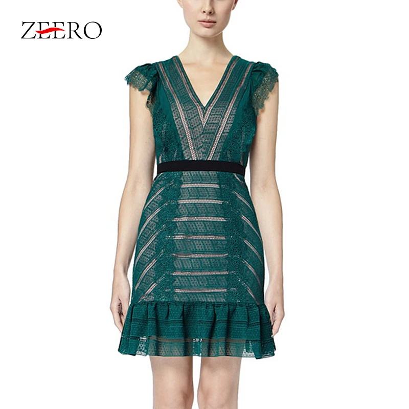 

2019 Summer Dress Women V-Neck Sleeveless Ruffle Lace Dress Hollow Out Green Self Portrait Short Luxury Party Dress Robe Femme