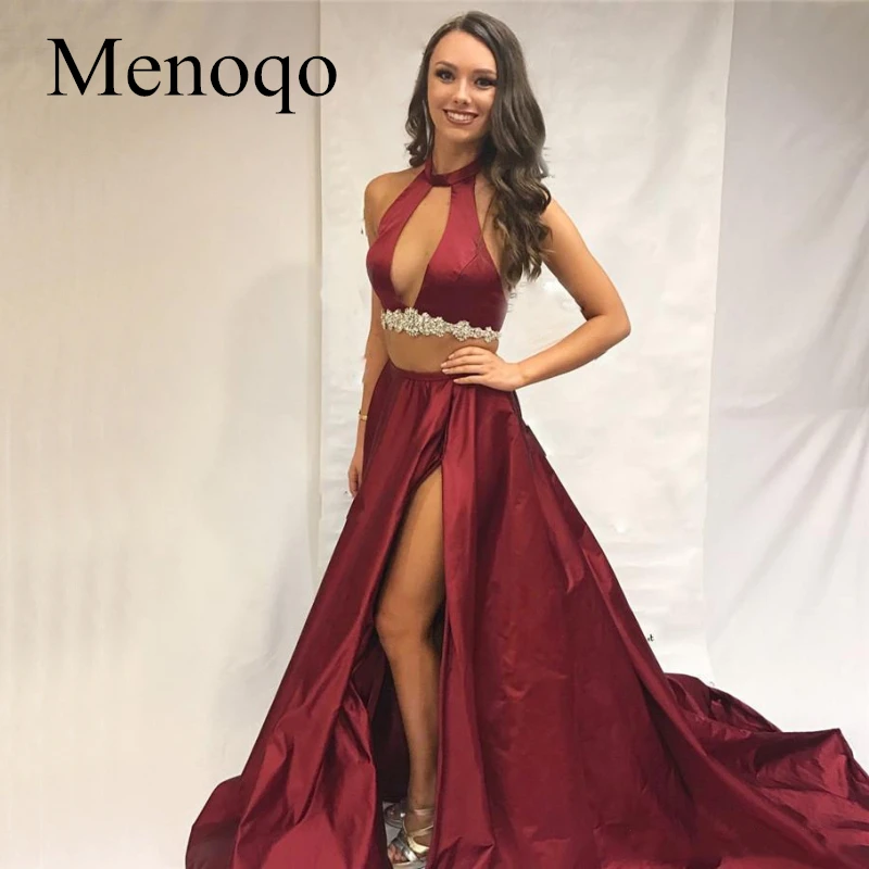 

Menoqo Elegant 2019 Two Piece Prom Dresses Hollow Back with High Side Split 2 Pieces Modest Evening Party Pageant Gowns Cheap