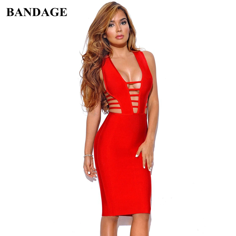 

Free Shipping Sexy Dresses Party Night Club Dress Women Backless Deep V-Neck Sleeveless Red Bandage Dress vestidos de fiesta
