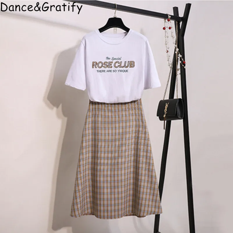 

New Fashion 2019 Summer Women Chic 2 Piece Sets Embroidery Letter Cotton Blouses Crop Top And Plaid Long Midi Skirt Suit