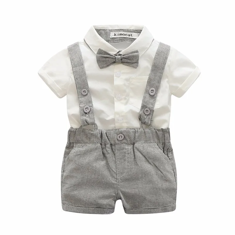 Летняя футболка с короткими рукавами для новорожденных мальчиков, топы+ комбинезон, комплект из 3 предметов в джентльменском стиле - Цвет: Серый