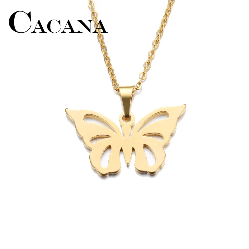 

CACANA Stainless Steel Necklace For Women Man Lover's Hollow Butterfly Gold And Silver Color Pendant Necklace Engagement Jewelry