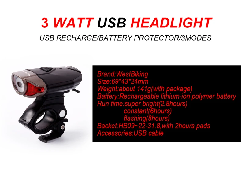 Top WEST BIKING Cycle USB Rechargeable Front Bicycle Helmet Light Bike LED Handlebar Lamps Bicycle Helmet Safety Flashlight Torch 1