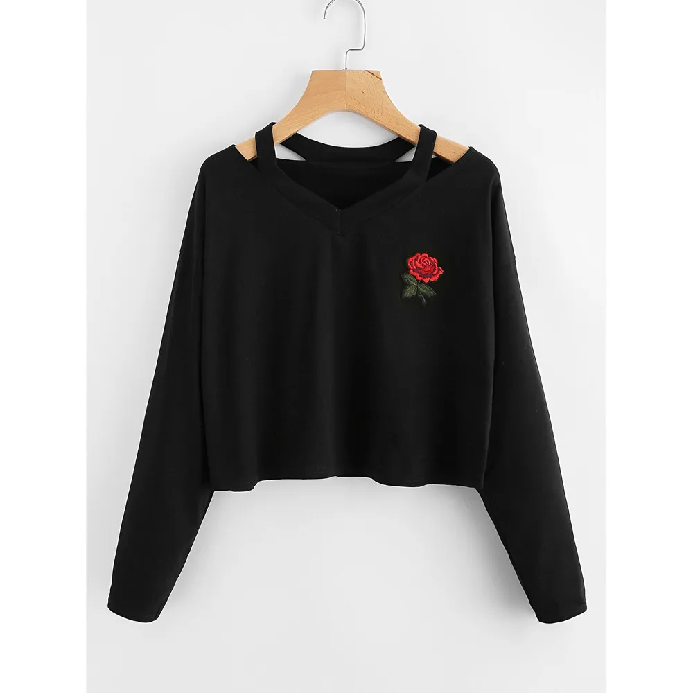 

Feitong Harajuku Women Autumn Pullover Long Sleeve Rose Print Sweatshirt Hollow Out Loose Tops Female V Neck Short Sweatshirt