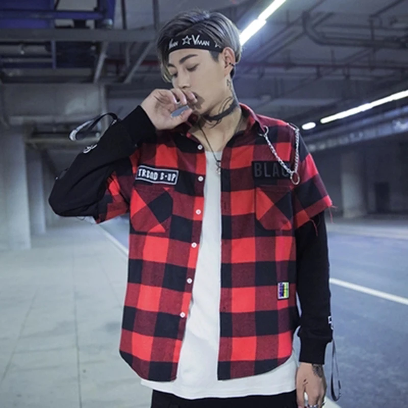 Red And Black Plaid Patchwork Shirt Men  (31)
