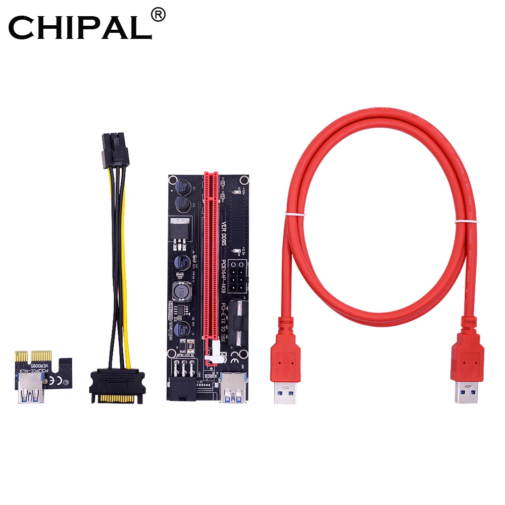 

CHIPAL Dual LED 100CM VER009S PCI-E Riser Card 009S PCI Express 1X 16X Adapter USB 3.0 Cable 6Pin 4Pin Power for Mining