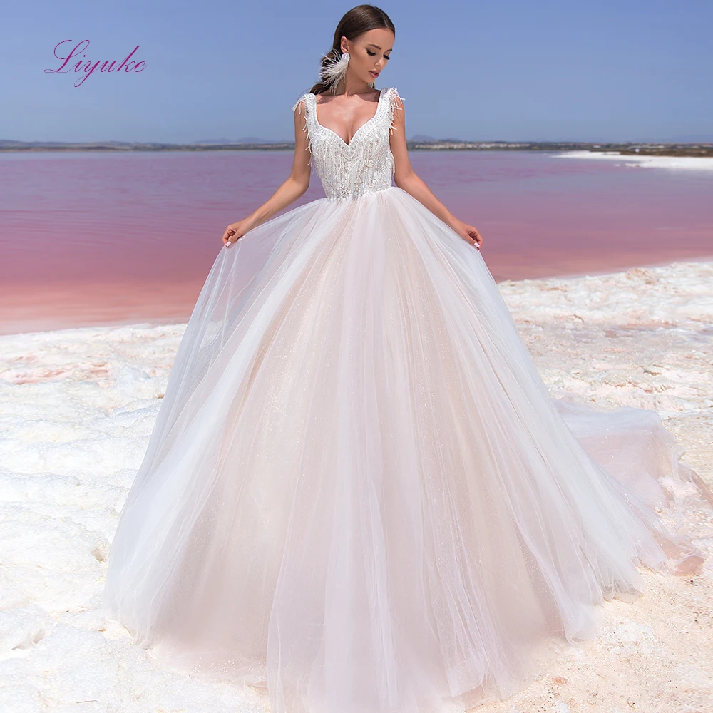 

Liyuke Ball Gown Rainbow Wedding Dress 2019 Tank Sleeves Lace Appliques Tassel Backless Customized Free Shipping