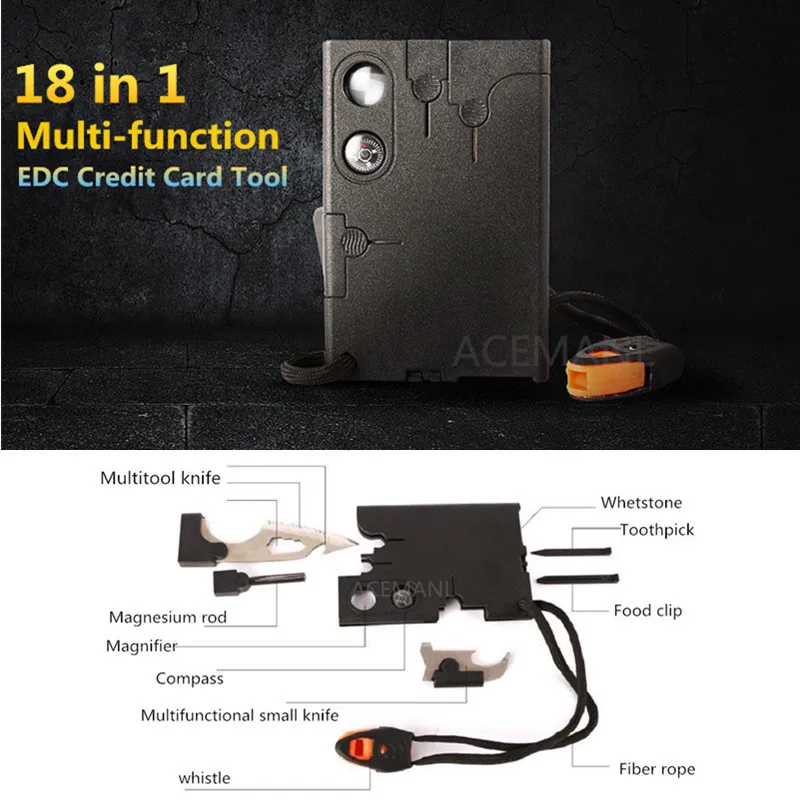 18 في 1 بطاقة الائتمان رفيق مع صافرة عدسة البوصلة في الهواء الطلق التخييم أدوات إنقاذ EDC جيب سكين العسكرية Multitools عدة
