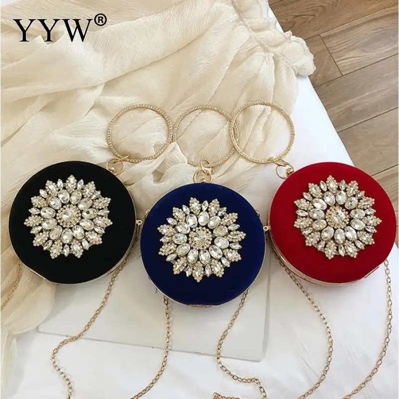 

Metal Clutch Female 2019 Evening Party Clutch Bag With Chain Shoulder Bag Metallic Circular Ring Rhinestone Flower Wedding Bag