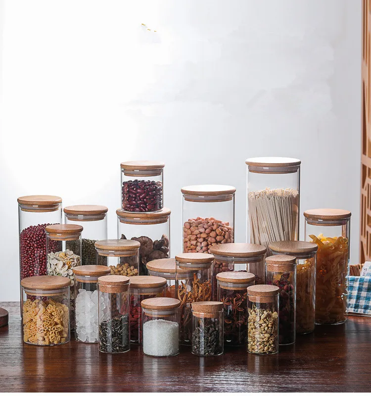 1PC Glass Food Storage Bottle Bamboo Cover Sealed Grains Nuts Tank Can Kitchen Sorting Food Storage Box Container JM 004
