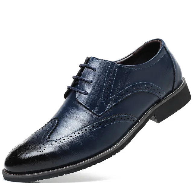 New Men Oxford Genuine Leather Dress Shoes Brogue Lace Up Flats Male Casual Shoes Black Brown Size 38-48 - Цвет: Blue