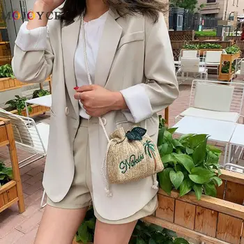 

Leaf Decor Drawstring Shoulder Handbags Straw Woven Letter Tree Embroidered Small Women Crossbody Bags