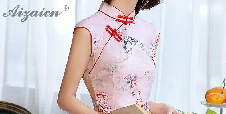 Новинка 2019 года розовый Cheongsam хлопок льняной с принтом туалетный модное платье шелк современный Qipao для женщин Традиционный китайский