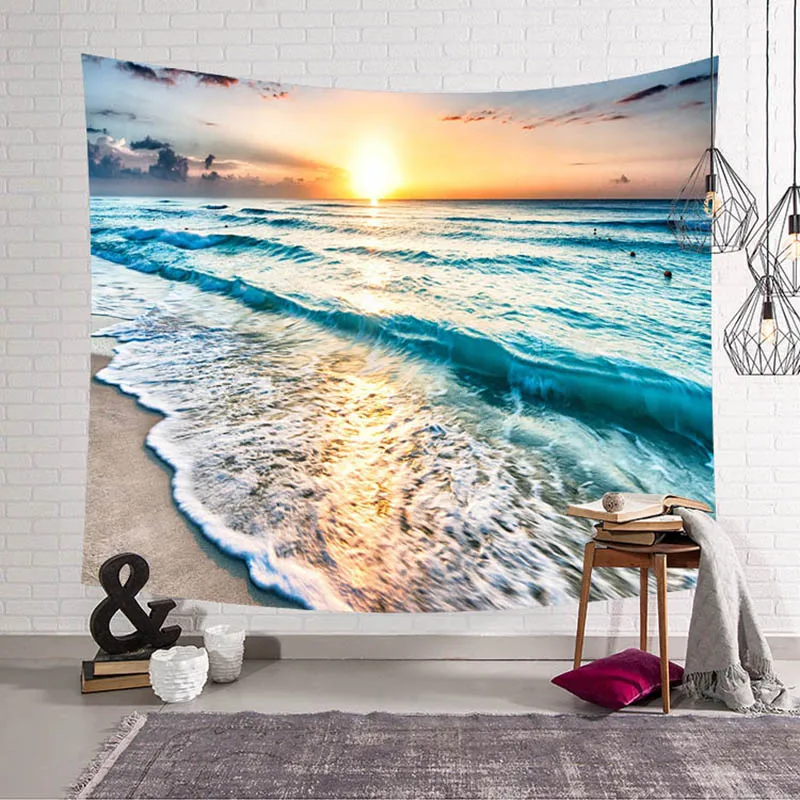 

Sun Sea Tapestry Ocean Beach Wall Hanging Water Landscape Home Decoration Blue Cloud Blue Frothy Blanket Polyester Handmade