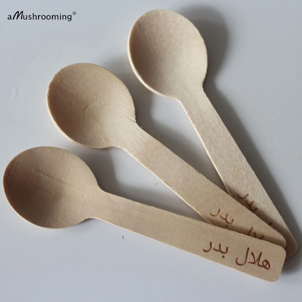

x100 Personalize Engraved Wooden Mini Dessert Spoons Party Favor Spoon Available in English Hebrew Arabic Spanish Portuguese etc