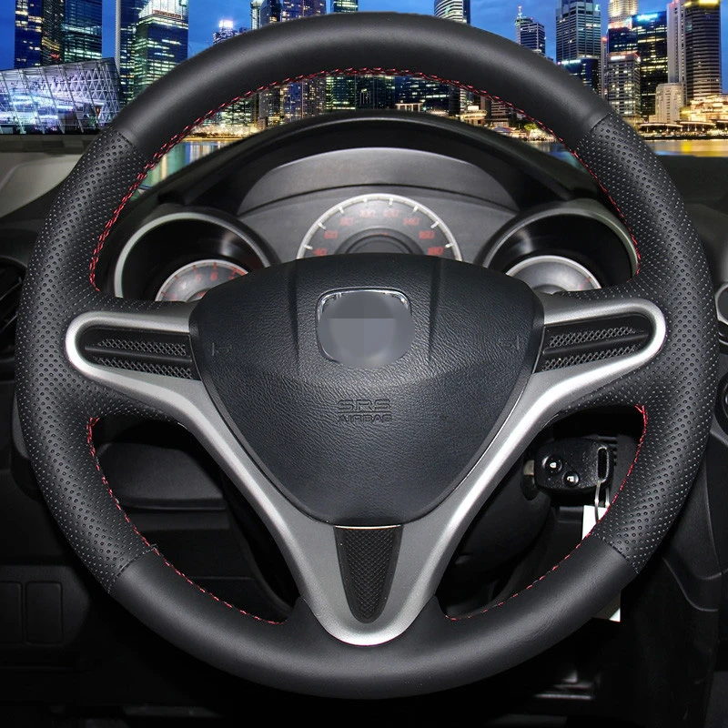 Hand stitched Black Leather Steering Wheel Cover for Honda Fit Cityin