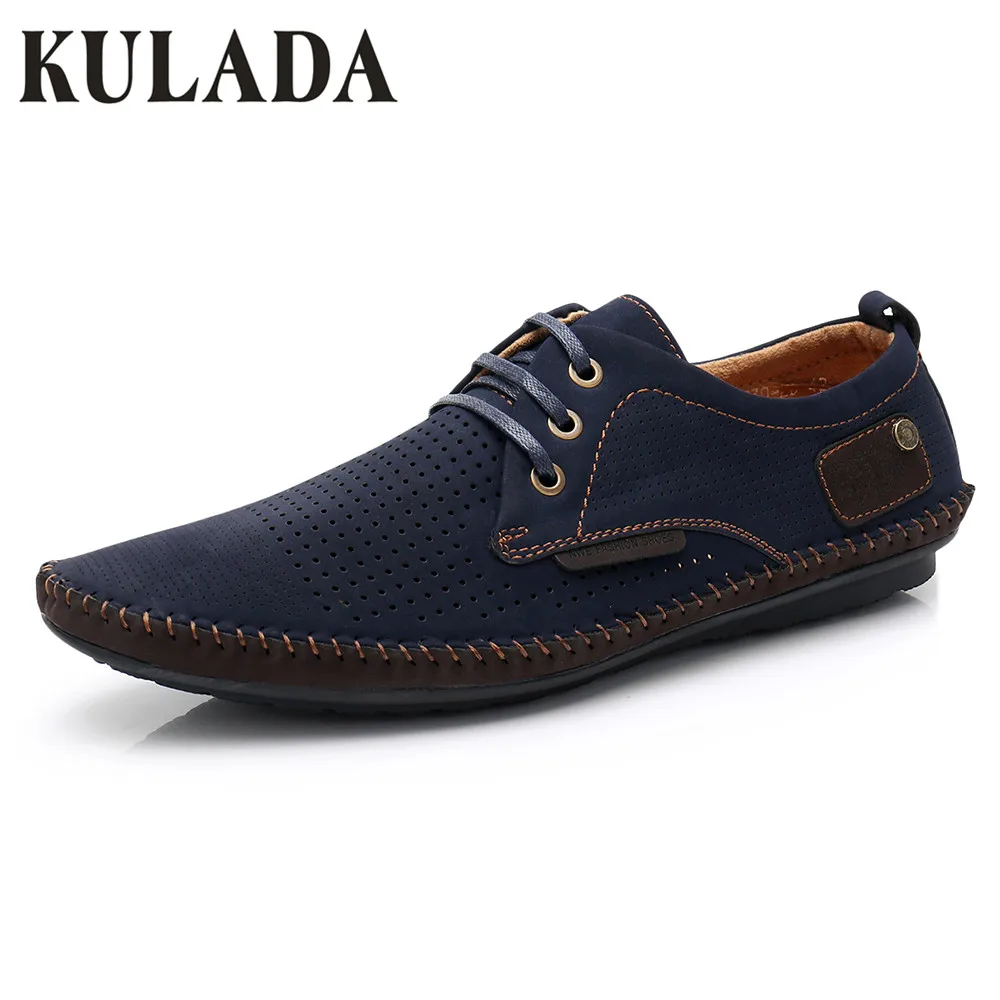 

KULADA Fashion Men Moccasins Flat Loafers Shoes Mens Cow Suede Walking Summer Lace-Up Shoes Breathable Low Help Sandals 730-2