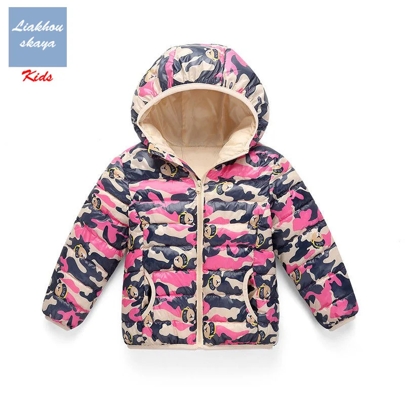 Liakhouskaya/Детские Зимние куртки для девочек, г. Осеннее теплое пуховое пальто с капюшоном парка для подростков детская зимняя куртка от 2 до 13 лет - Цвет: Pink Bear