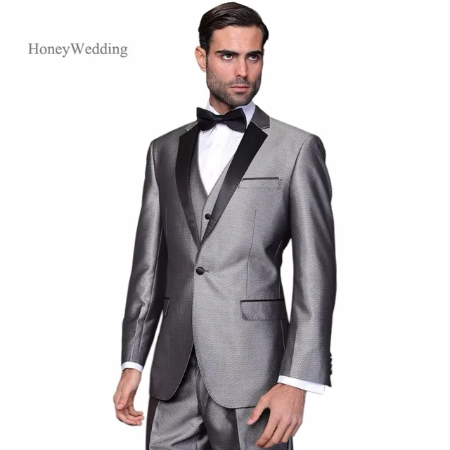 Online Hot Customized Grey Wedding Tuxedos Black Lapel Hot Customized Grey Wedding Tuxedos Black Lapel Jacket Pants Vest Mens Groom Suits Best Men Free Shipping