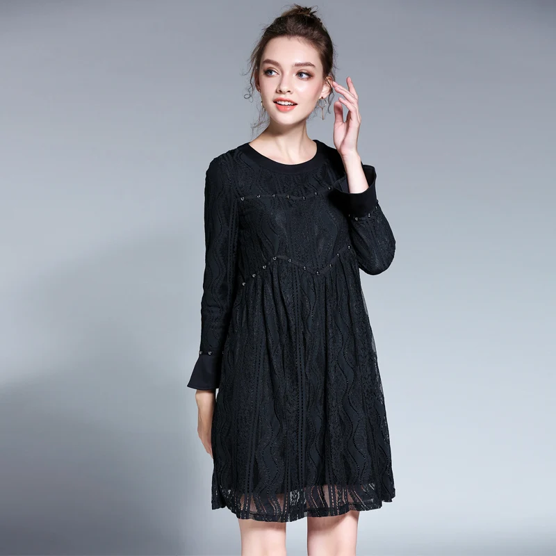 Winter Lace Black Dress Woman Plus size 2017 new Female lace hollow out