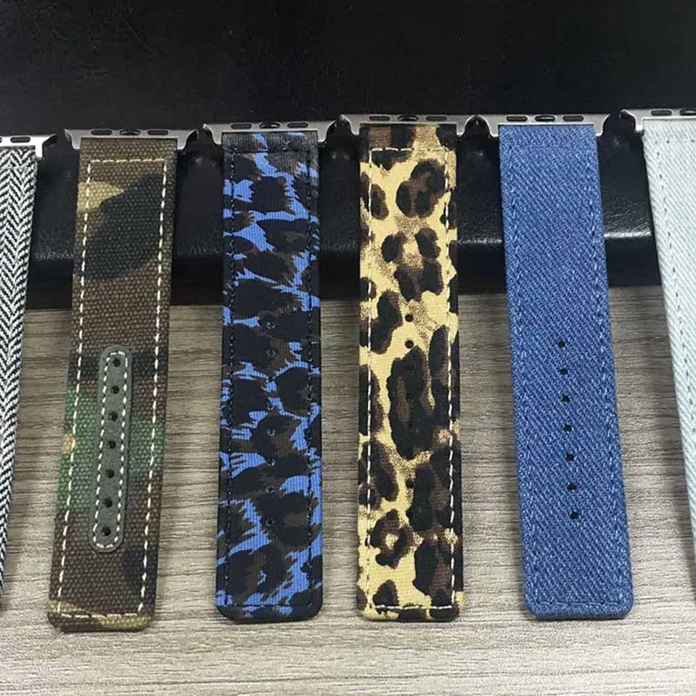 

Canvas Leather Strap for Apple Watch Band Series 5 4 3 2 1 Bracelet 40/44/38/42mm Leopard Print Camouflage Style Wrist Belt