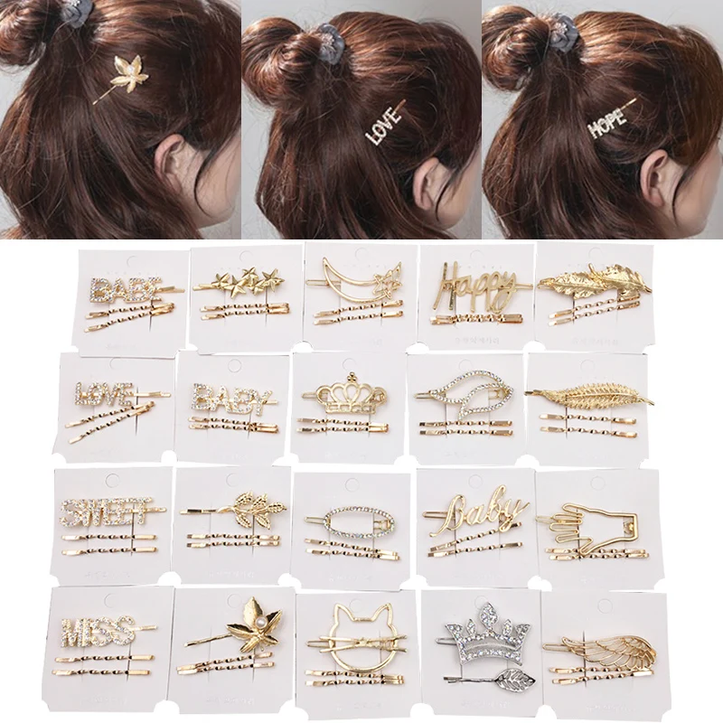 

Zircon Beautiful Hand INS Style Leaf Golden Letters 2PCS/3PCS/Set Heart Simple Wing Crown Hair Clips Silver Crystal Scissor