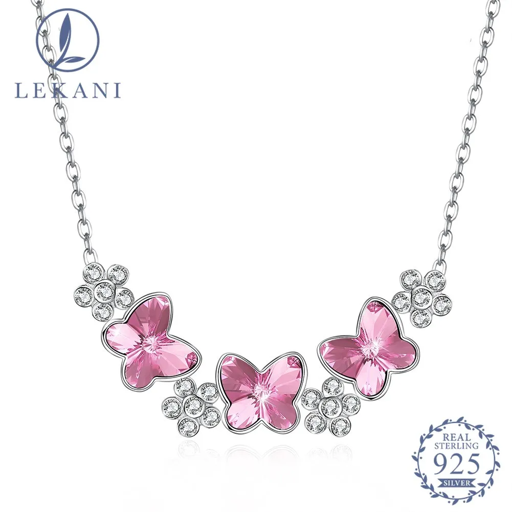 LEKANI Кристалл от Swarovski 925 стерлингового серебра ожерелье Мода Элегантный Бабочка Кристалл цветок из циркона кулон розовый синий