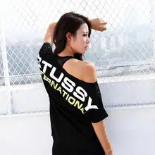 Новинка, летняя Свободная Женская футболка с открытыми плечами и буквенным принтом, короткий рукав, Спортивная, для спортзала, фитнеса, бега, быстросохнущая, для йоги, топы